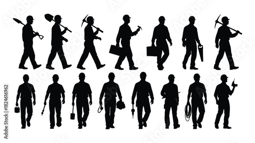 Industrial workers silhouettes with tools isolated on white background, Vector