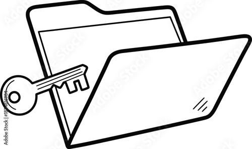 Doodle simple open folder with key icon, hand-drawn solid black on white, indicating confidential files, quick access sketch