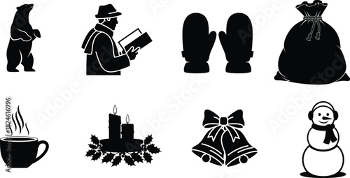 Black and white Christmas holiday silhouette collection for festive designs