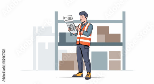 Warehouse worker carefully examines inventory documents for accuracy and efficiency.