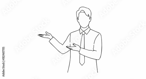 Line drawing of a businessman presenting with open hands.