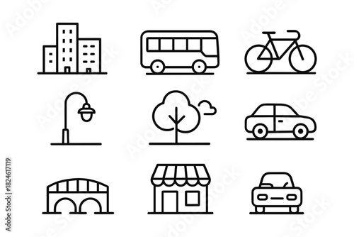 Minimal urban icons set: buildings, transport, nature, and city life