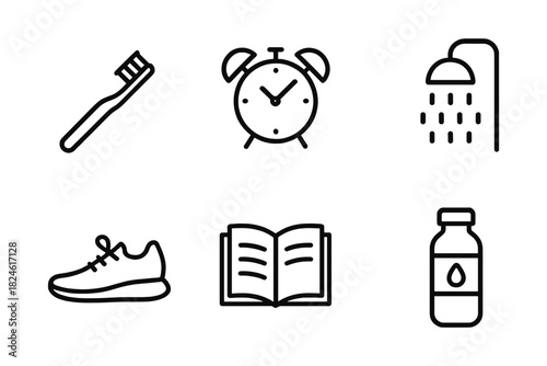 Minimalist outline icons of daily essentials: toothbrush, clock, shower, shoe, book, bottle