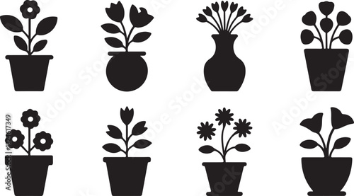 Assortment of Potted Plant Silhouettes and Flower Vase Outline vector illustration