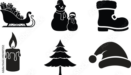 Christmas holiday icons collection featuring sleigh snowman boot candle tree and hat


