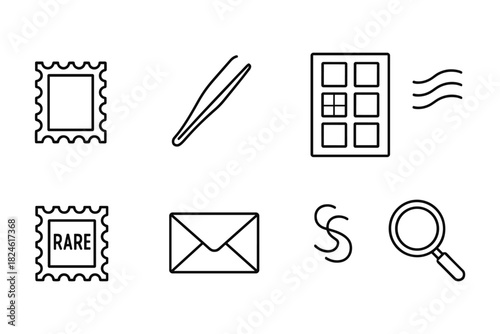 Minimalist stamp collecting icons with thin line design for philatelists