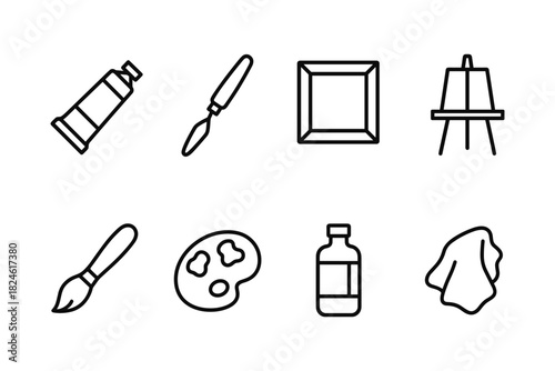 Minimalist art tools collection: paint tube, palette, brush, easel, and more