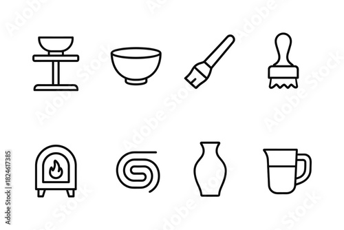 Linear pottery tools and equipment icons for ceramic crafting and design