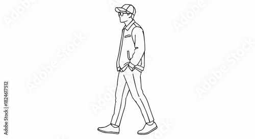 Stylish Young Man Walking Confidently in Casual Attire Line Art.