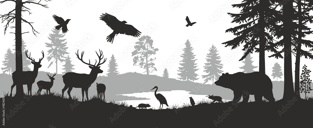 Naklejka premium Bears and deer with birds in a dramatic forest silhouette scene, highlighting wild animal harmony, layered natural scenery, and expressive landscape elements for creative illustration