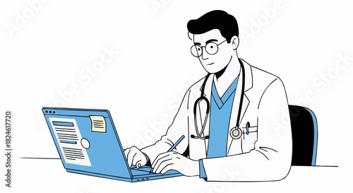 Doctor working on laptop, wearing stethoscope and lab coat.