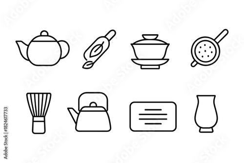 Minimalist line icons of tea ceremony items with black outline