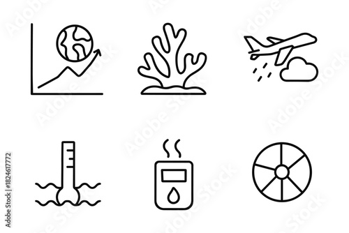 Linear climate change icons: global warming, coral, aviation impact, thermometer, renewable energy