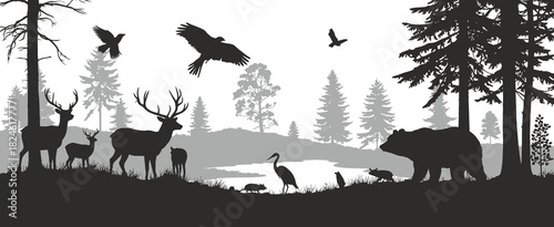 Bears and deer with birds in a dramatic forest silhouette scene, highlighting wild animal harmony, layered natural scenery, and expressive landscape elements for creative illustration