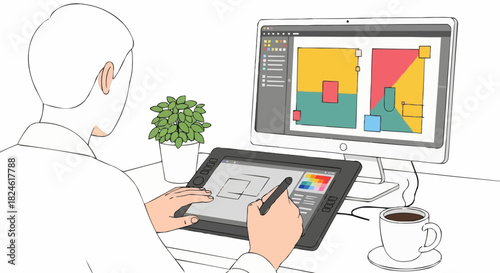 Creative professional drawing on a graphics tablet at a computer workstation.