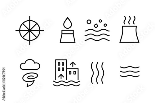 Environmental icons set featuring pollution and natural disasters in linear style
