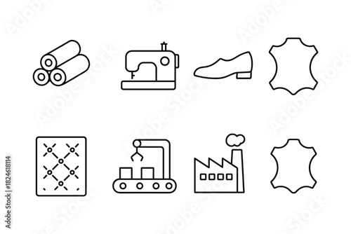 Linear icons collection: textile manufacturing and leather goods industry elements