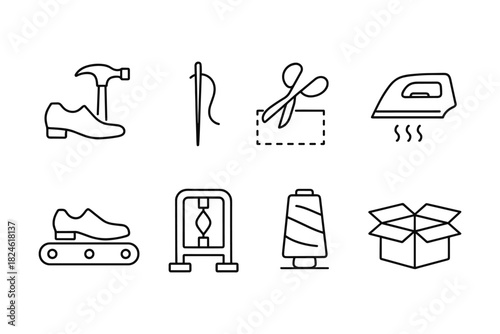 Linear style icons of shoe making and textile crafting tools and equipment