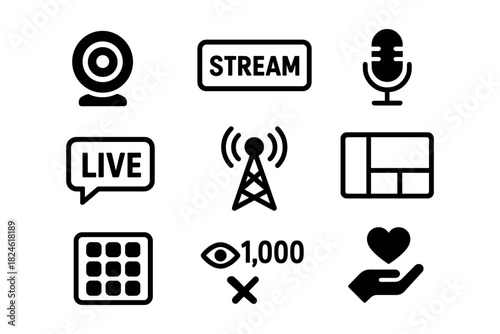 Live streaming icons: webcam, microphone, and interactive elements in bold style