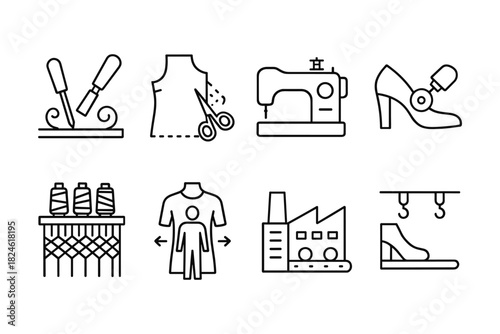 Linear icons set: fashion industry and tailoring tools collection