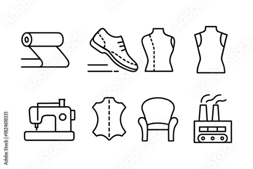 Fashion industry elements: sewing techniques, apparel design, textile manufacturing icons