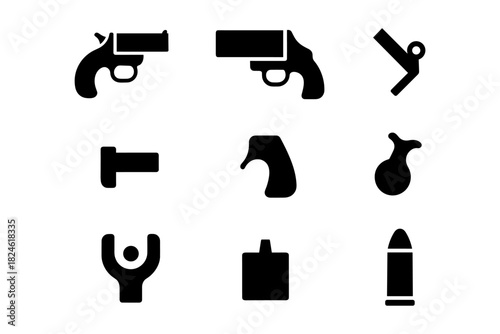 Silhouette icons: handguns, tools, and industrial elements