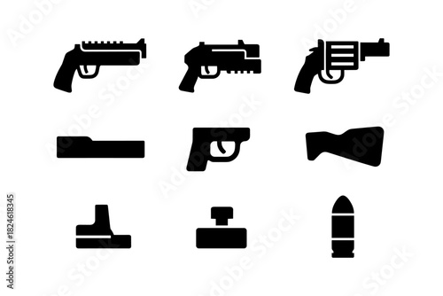Silhouette icons of firearms and weapon accessories on white background