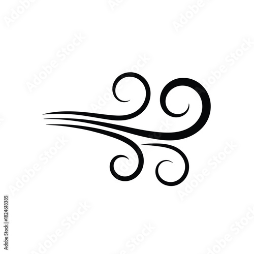 Stylized black swirls representing wind and air currents