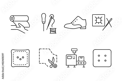 Linear icons of sewing and shoe manufacturing tools and equipment