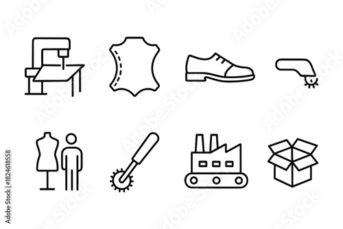 Line icons of sewing machine, leather, shoe, sewing tools, and factory
