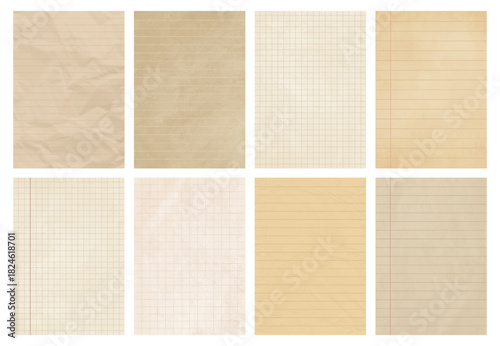 Vintage lined and grid checkered paper set, retro notebook pages, old stationery background template