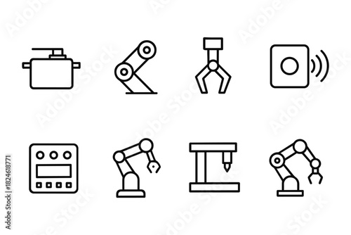 Minimalist icons of industrial robotic equipment for automation and technology