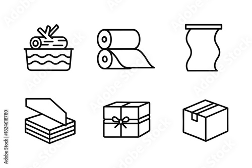 Black and white icons of paper and packaging: logs, rolls, and boxes
