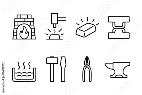 Linear icons of blacksmith tools and forge elements for craftsmanship design