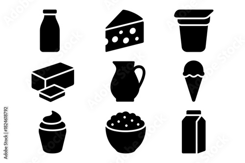 Silhouette icons of dairy products: milk, cheese, butter, yogurt, ice cream, and more