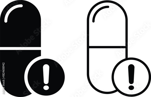 Overdose icon set. Medication health risk signs. Pills and warning icon.  Drug misuse symbols. Fatal medication signs
