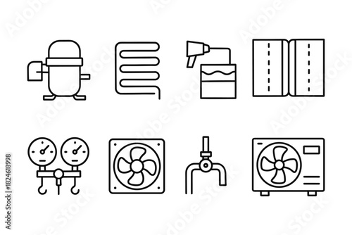 Hvac equipment icons: linear symbols of compressor, coil, fan, and more