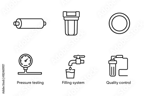 Water filtration icons: outlined design of equipment and process symbols
