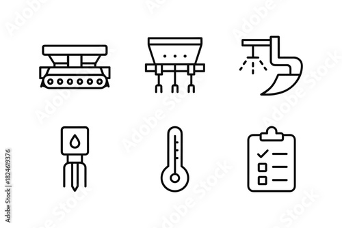 Minimalist industrial icons set featuring factory equipment and tools in linear style