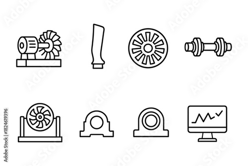 Industrial tools and equipment icons in linear style for engineering and manufacturing