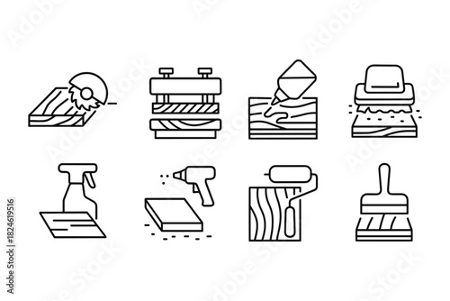 Set of linear woodworking tools and processes icons for carpentry and construction