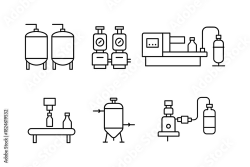 Industrial equipment set: linear icons of machinery and tanks