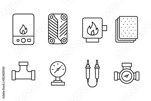 Set of linear boiler and heating system icons for plumbing and maintenance