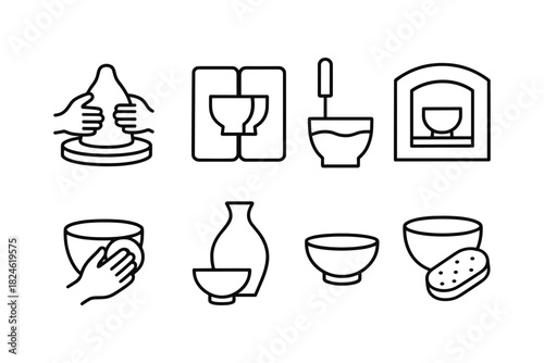 Minimalist line art icons of pottery and ceramics crafting tools and techniques