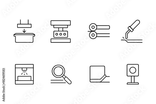 Set of manufacturing line icons depicting industrial tools and equipment
