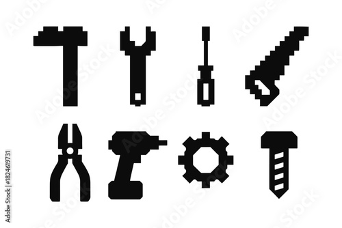 Pixel art tool icons set: hammer, wrench, screwdriver, saw, pliers, drill, gear, screw
