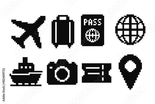 Pixel art travel icons: airplane, luggage, passport, globe, ship, camera, tickets, map pin