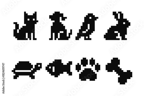 Pixel art animal icons: retro style pets and wildlife collection