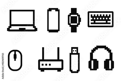 Pixel art icons of laptop, battery, smartwatch, keyboard, mouse, router, usb drive, and headphones