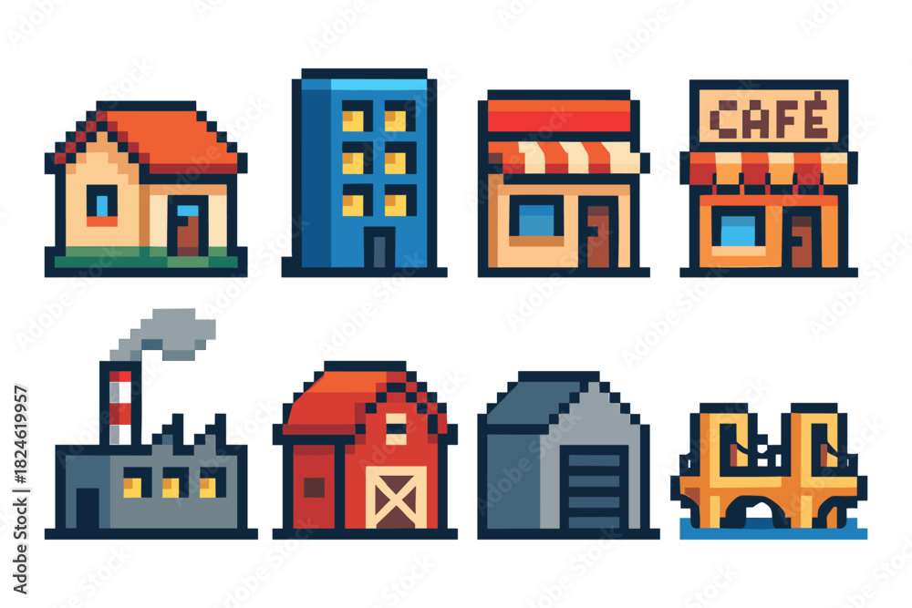 Obraz premium Pixel art city buildings collection: homes, shops, and industrial structures